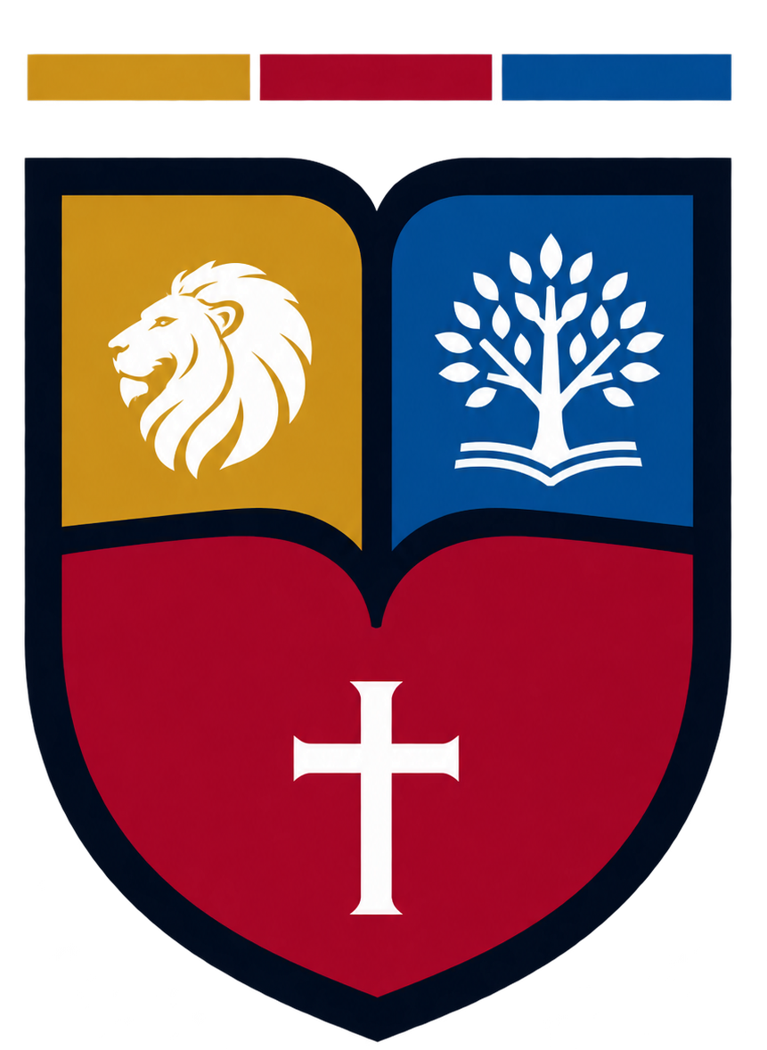 Brasão da Trinum: o livro aberto, o leão, a árvore e a cruz